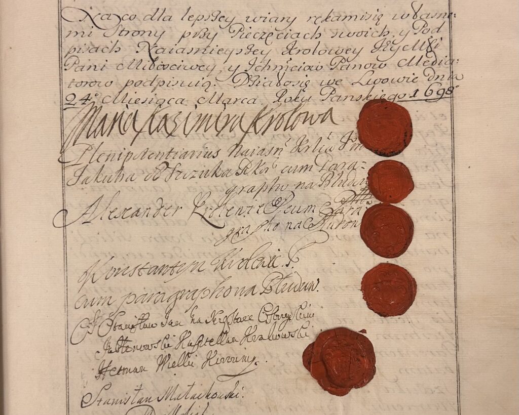 Archiwa-Panstwowe-Akt-podzialu-majatku-pomiedzy-synow-Jana-III-Sobieskiego-z-1698-r.-z-podpisem-krolowej-Marii-Kazimiery